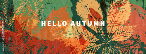 Abstract autumn art. Bright warm colors, fall leaves, trees. Frame, background for text. Grunge stamp design. Rough texture leaves. Design for card, banner, cover.