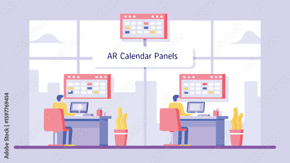 Illustration of two office workers with calendar panels in a modern office setting shown Illustration of two office workers with calendar panels in a modern office setting shown