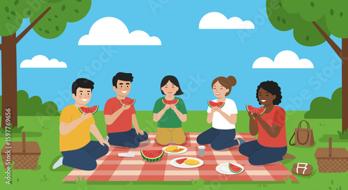 Simple flat art of people sharing watermelon slices at a summer park picnic, with trees, blanket, and a bright sunny sky