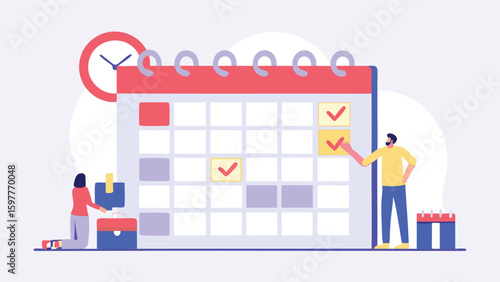 Illustration of a large calendar with people marking tasks and a clock in the background