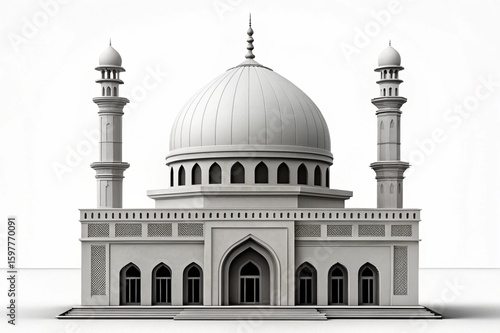 Monochromatic Architectural Rendering of a Mosque with Dome and Minarets