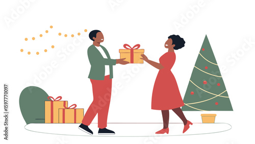 A man and woman exchange christmas gifts in front of a decorated tree symbolizing holiday cheer and thoughtful giving during the festive season