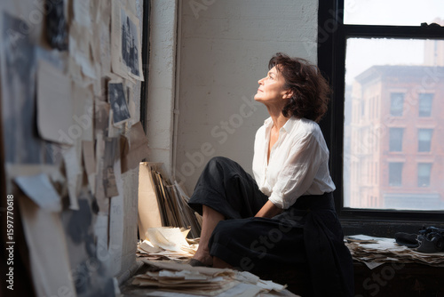 theater researcher deeply engaged in analyzing dramatic script thoughtfully gazing into distance