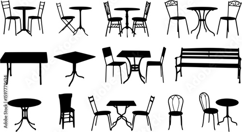 Silhouettes of various cafe tables and chairs isolated on white background
