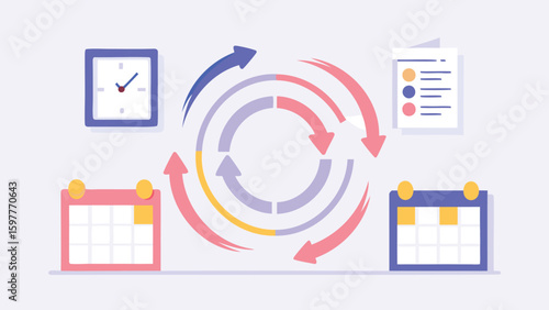 Illustration of a workflow cycle with clock, calendar, and task list on a light background