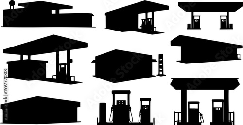 A collection of gas station and fuel pump silhouettes isolated on white background
