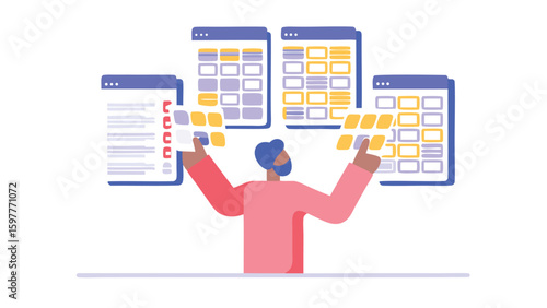 Person interacting with multiple web interfaces for design and development planning and organization