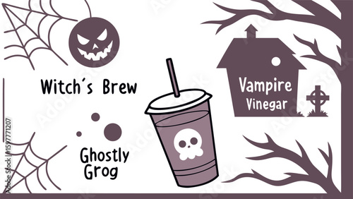 Spooky halloween illustration featuring a witch s brew drink and vampire vinegar with themed elements like a jack o lantern spiderweb and graveyard