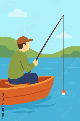 Man fishing from wooden boat on lake with fishing rod and float. Vector stock illustration eps 10.
