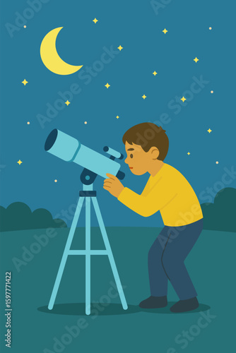 Boy looking through telescope at night sky with stars and moon. Vector stock illustration eps 10.