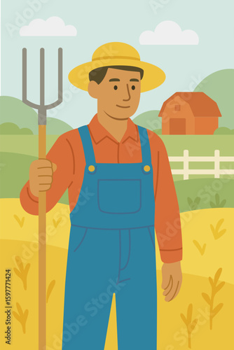Male farmer holding pitchfork standing in wheat field with barn and hills in background. Vector stock illustration eps 10.