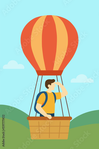 Man flying in hot air balloon over hills and looking into distance. Vector stock illustration eps 10.