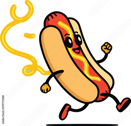Cheerful running hot dog with mustard trail hotdog cartoon Vector illustration EPS download