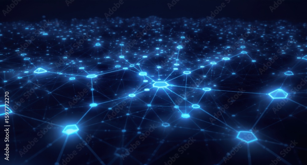 Fototapeta premium Glowing Blue Network: Digital Connections and Data Flow Visualization