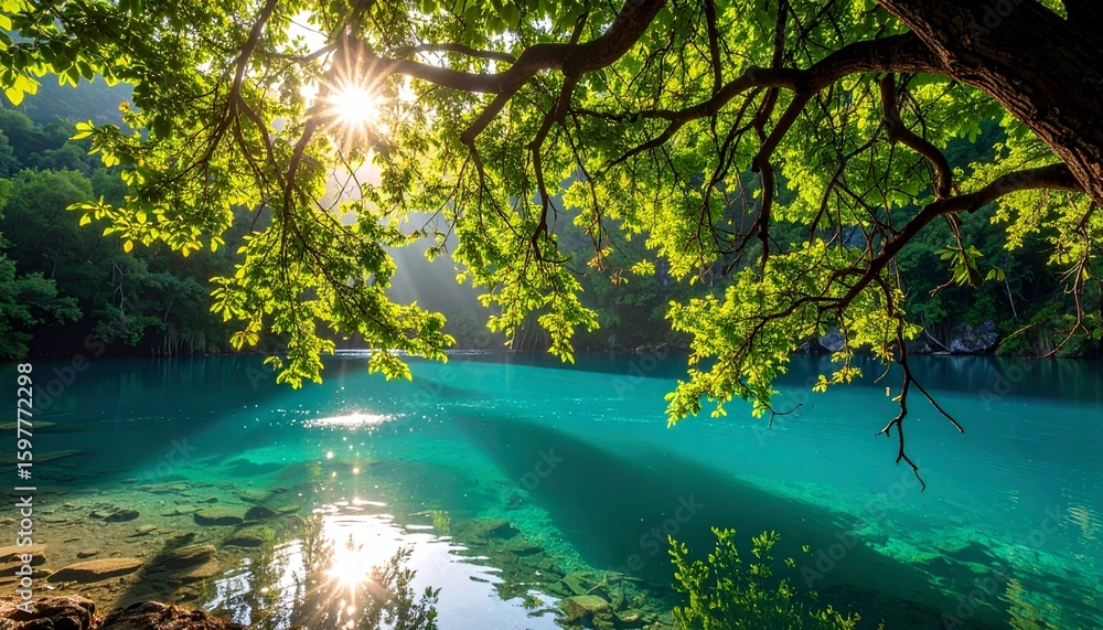 Fototapeta premium Agua verde azulada iluminada por el sol con ramas de árboles colgantes