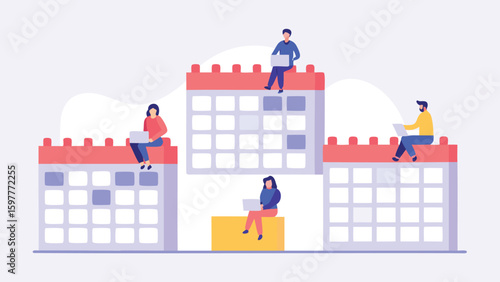 People sitting on calendars using laptops representing project management and scheduling tasks online