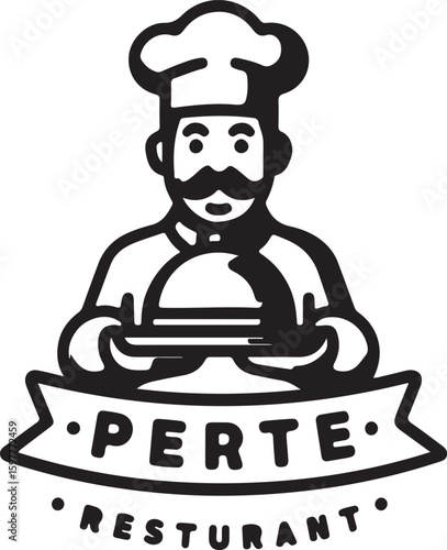 Chef presenting food under cloche with restaurant name cook Vector illustration EPS download