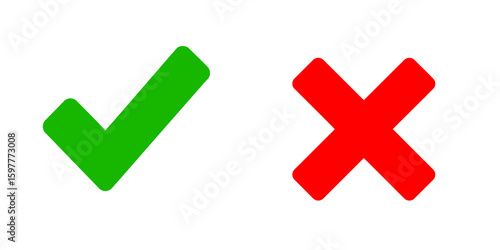 Simple green check mark and red cross mark vector icon set for approval and rejection symbol decision choice button for web and mobile app design