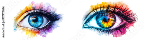 A colorful eye with long lashes. The eye is surrounded, The colors of the eye are vibrant and eye-catching isolated