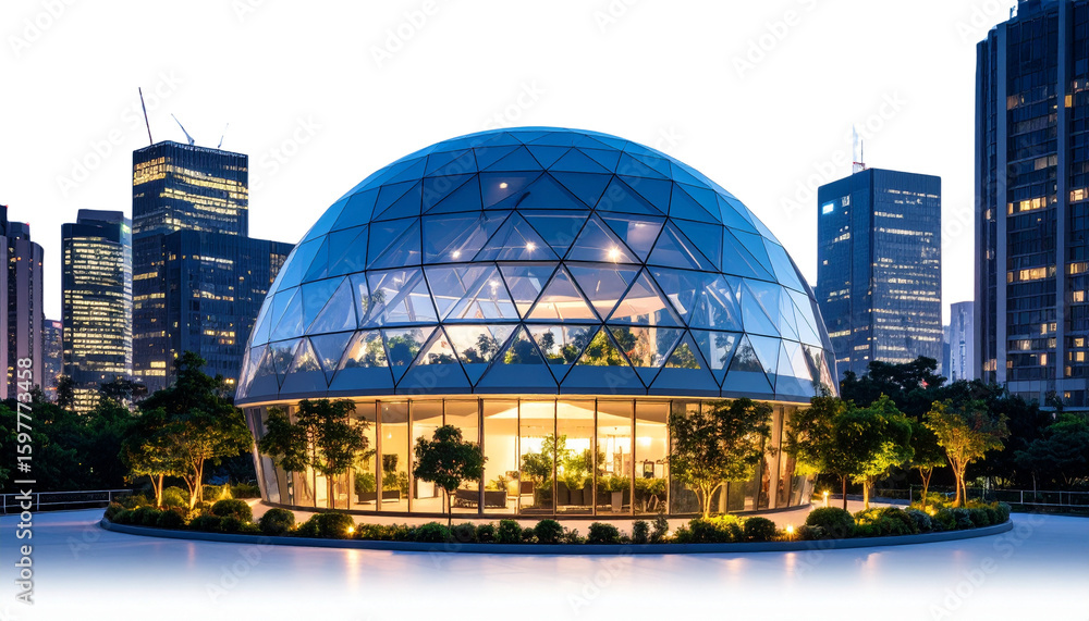Fototapeta premium Nighttime Futuristic Urban Biodome Scene on White Background 