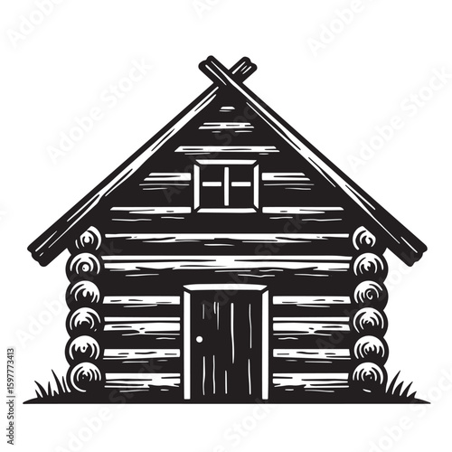 Black and white log cabin illustration with simple design for outdoors adventure and rustic lifestyle