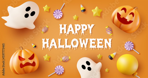 3D vector illustration render top view of happy halloween banner poster with cute ghosts, pumpkins, candy and stars on orange background. The atmosphere looks a bit spooky but still cute.