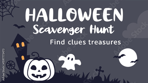 Halloween scavenger hunt find clues treasures with spooky icons including haunted house pumpkin ghost bats moon and spiderweb