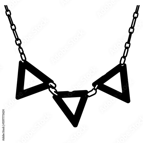 Black geometric triangle charms necklace on white background, modern jewelry design