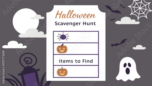 Fun halloween scavenger hunt checklist with spooky icons including a ghost spider pumpkins bats and a full moon for kids party activities