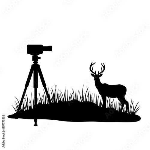 Silhouette of wildlife camera on tripod with deer – Nature monitoring, ethical research