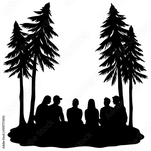 Silhouette of group sitting in forest eco-camp briefing – Responsible community, shared values