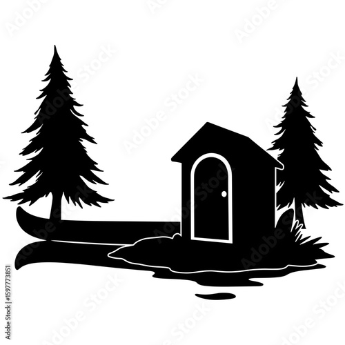 Silhouette of canoe and composting toilet cabin by trees – Off-grid living utility
