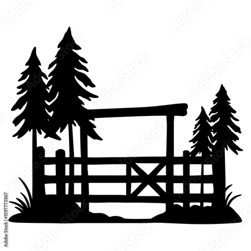 Silhouette of wooden trail gate with trees – Wildlife reserve sign, preservation