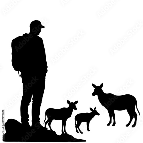 Silhouette of hiker observing wildlife – Eco ethics, coexistence and nature