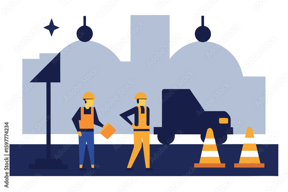 Construction workers with truck and traffic cones in city Construction workers with truck and traffic cones in city