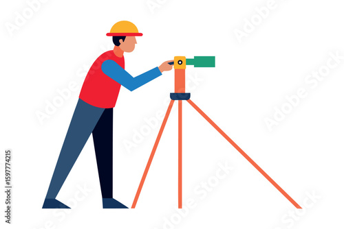 A surveyor uses a theodolite on a tripod