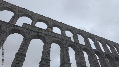 Slow motion of the Roman aqueduct of Segovia, Spain.