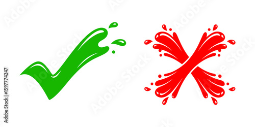 Green check and red cross mark with liquid paint splash effect for creative yes no decision symbol icon set vector illustration graphic design