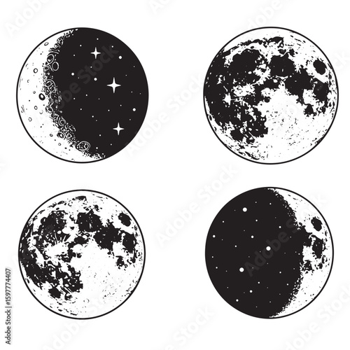 Celestial illustration of moon phases in vector graphic design depicting space and astronomy