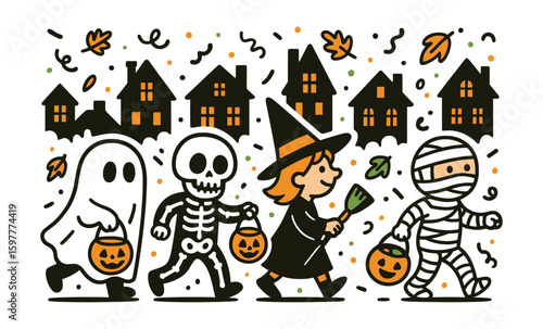 Celebrating halloween night with cute kids in costumes and spooky houses