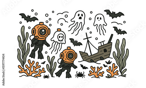 Underwater adventure with divers and ghosts in halloween cartoon style