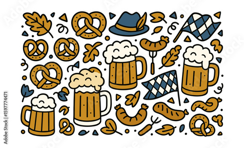 Oktoberfest celebration with beer, pretzels, and sausages in a flat cartoon style