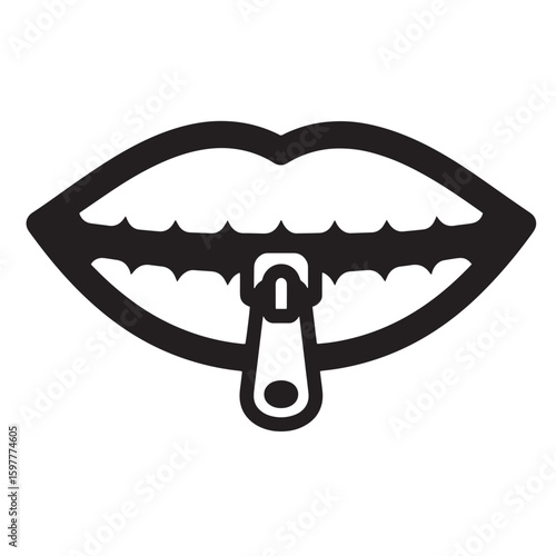 Concept illustration of zippered mouth symbolizing silence and confidentiality in bold black and white design
