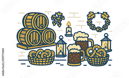 Rustic oktoberfest barrels and beer mugs with pretzels and lanterns in linear style