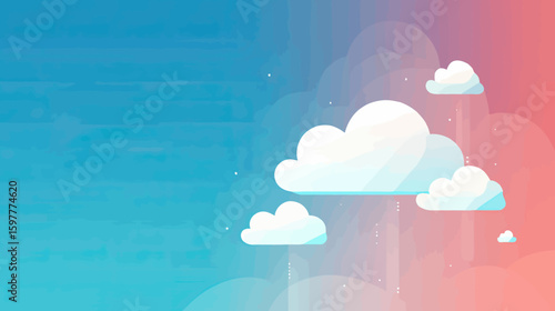 Minimalist flat design vector of white clouds floating on vibrant blue to pink gradient background with soft light effects and subtle digital elements representing cloud technology concept