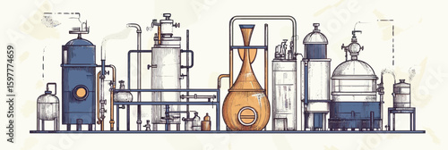 Vintage distillation apparatus equipment for alcohol ethanol production with pipes tanks and industrial design in flat minimalist vector style illustration
