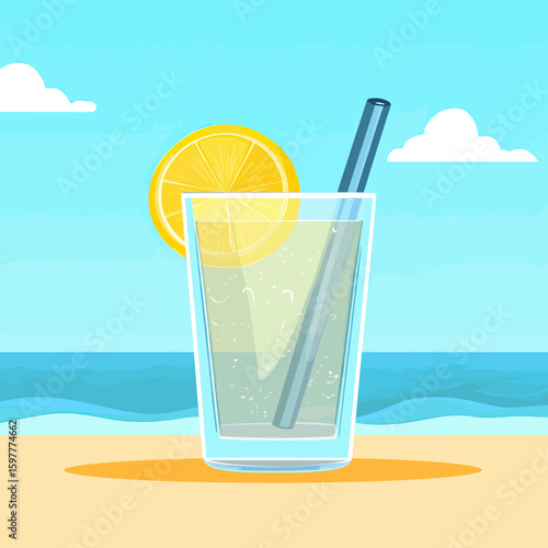 Glass of sparkling lemonade with lemon slice and straw on sandy beach with ocean waves and clear blue sky vector illustration