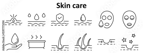 Skin care set icon. Includes skin layers with hydration, mask, steam tub, hair follicles, protection icons, drop in hand, glowing skin, star symbols.