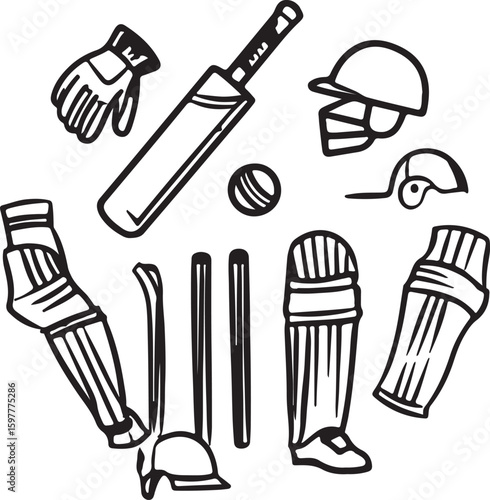 Cricket equipment collection including bat ball helmet pads and wickets Vector illustration EPS download