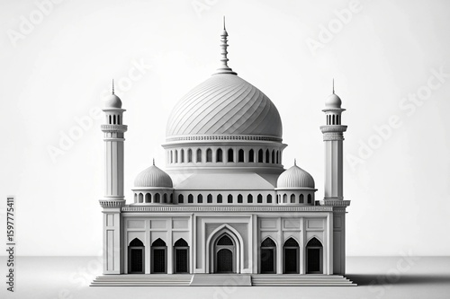 Minimalist architectural rendering displaying a grand, clean white mosque with elaborate details